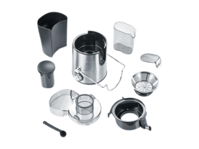 Onderdelen van een Philips-sapcentrifuge, inclusief een filter en een pulpcontainer.