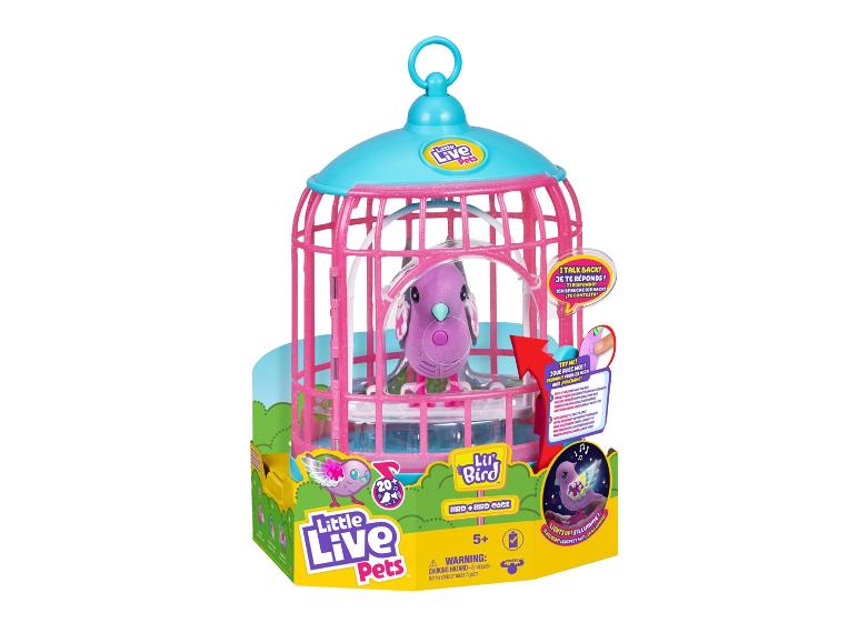 Une cage rose avec un jouet Lil' Bird interactif de Little Live Pets.