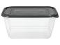 Récipient alimentaire transparent avec couvercle gris foncé.