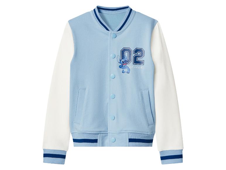 Blauwe en witte bomberjack met cartoonfiguurprint en het nummer 02.