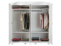 Een witte kledingkast met open deuren, met kleding op hangers en in planken.