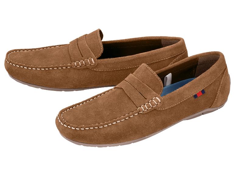 Bruine suède herenloafers met contrasterende stiksels