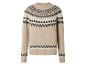 Pull en maille beige avec un motif géométrique noir et blanc.