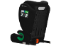Siège auto pour enfant noir avec instructions latérales et détails verts, vue arrière.
