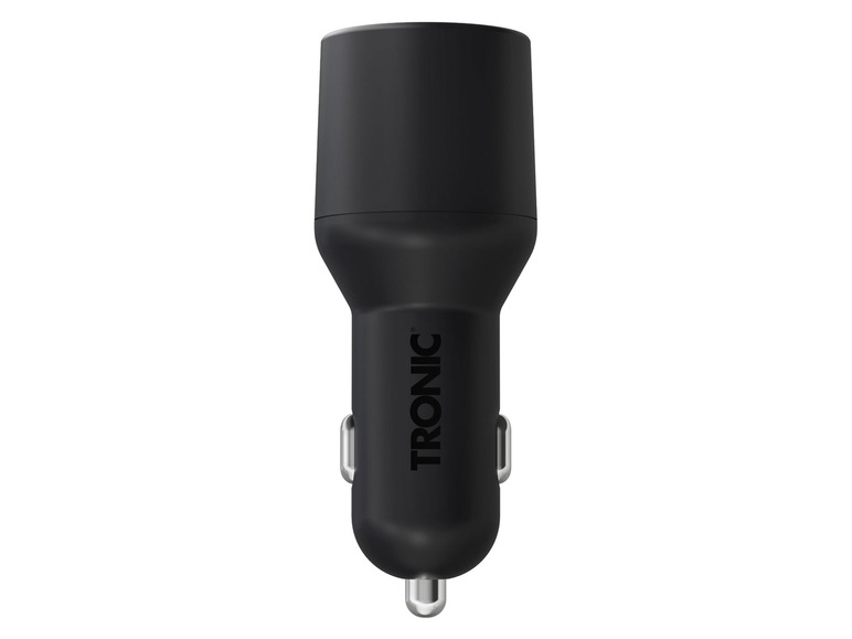 Un chargeur de voiture noir TRONIC avec deux ports USB.