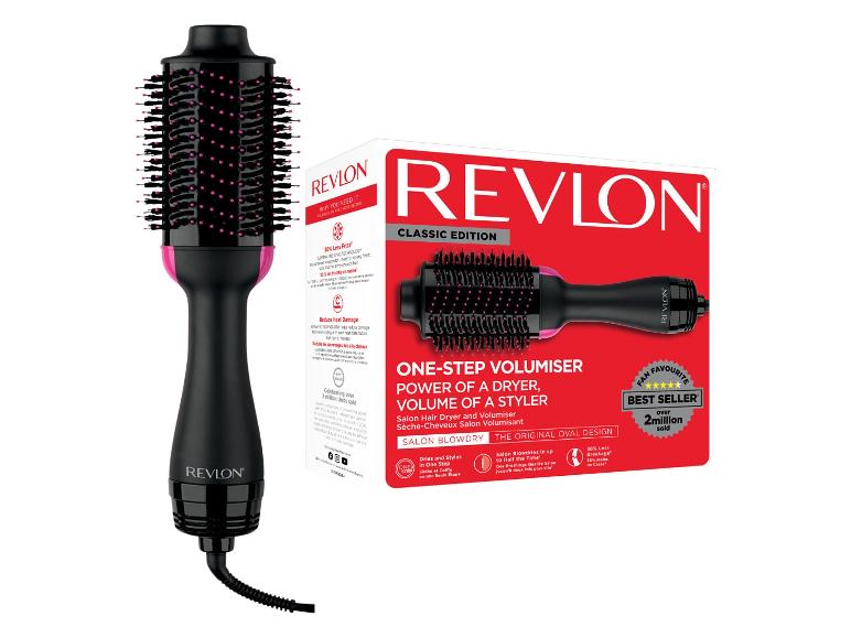 Un sèche-cheveux et volumateur noir et rose avec son emballage rouge mettant en avant ses avantages.