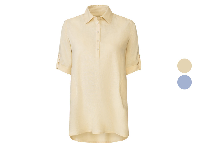 Een lichtgele blouse met korte mouwen.