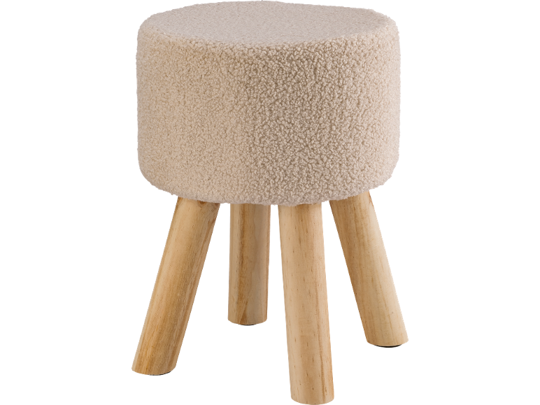 Tabouret bouclé crème avec trois pieds en bois clair