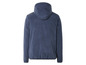 Een donkerblauwe jas met capuchon.