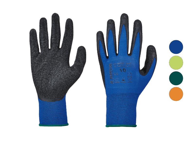 Gants de travail PARKSIDE bleus et noirs, avec une prise texturée et des options de couleur.