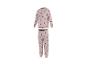 Pyjama deux pièces rose avec motif de cœurs noirs rayés.