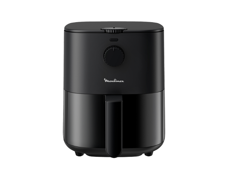 Zwarte Moulinex airfryer met bedieningsknoppen en handvat.