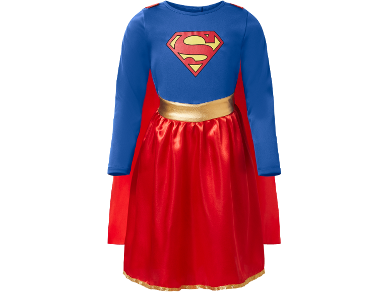 Déguisement enfant Supergirl bleu et rouge avec logo Superman et taille dorée.