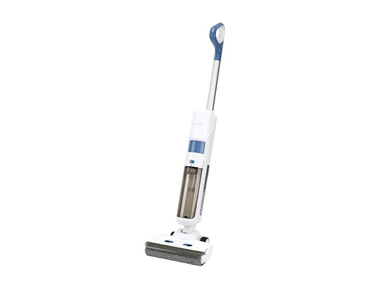 Aspirateur balai sans fil blanc et bleu avec réservoir transparent.