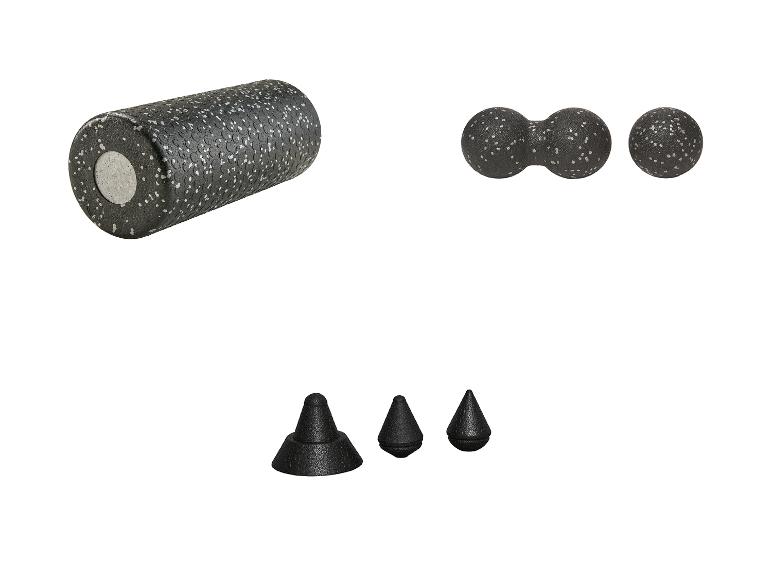 Zwarte massagerol, dubbele bal en drie massagekegels