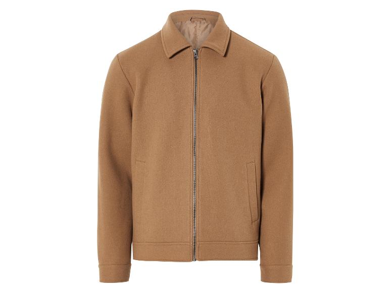 Een bruine wollen jas met rits.