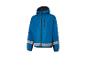 Een blauwe windjack met reflecterende strepen