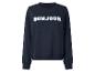 Donkerblauwe sweater met witte 'BONJOUR'-tekst op de borst.