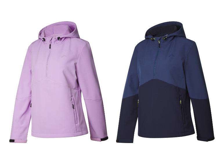 Deux vestes softshell à capuche, une violette et une bleue.
