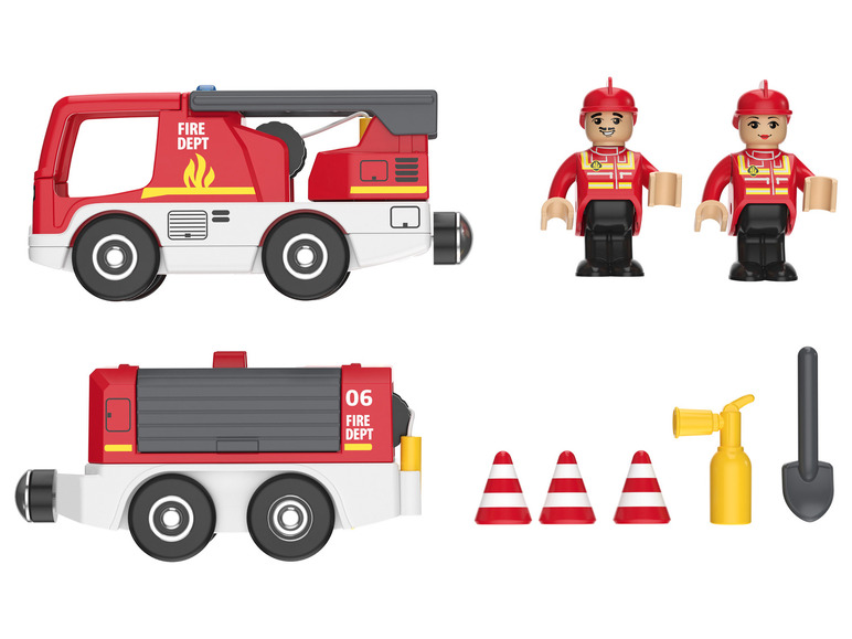 Un camion de pompiers rouge, deux pompiers et des accessoires.