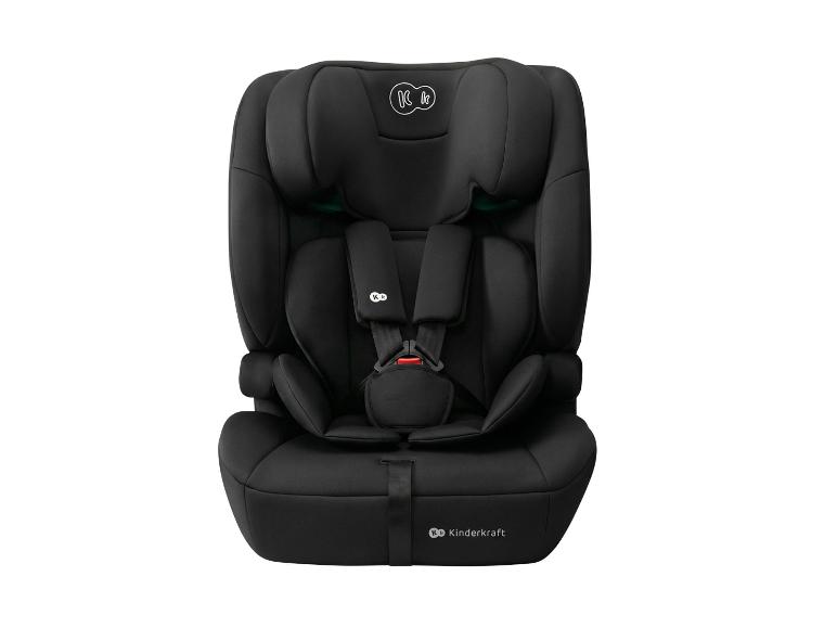 Siège auto noir pour enfant avec harnais à cinq points et appui-tête réglable.