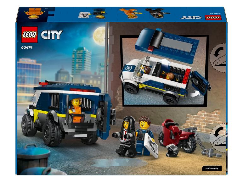Speelgoed gevangenisbusje met politie- en gevangenenfiguren, en een motorfiets.