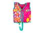 Gilet de natation rose pour enfant avec des pois colorés et l'inscription 'Swim Safe abc'.