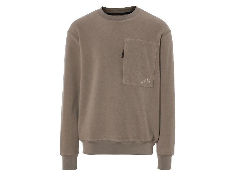 Een beige sweatshirt met een LVG-logo en een grote zak.