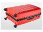 Valise rouge à quatre roues, fermeture éclair et serrure à combinaison.