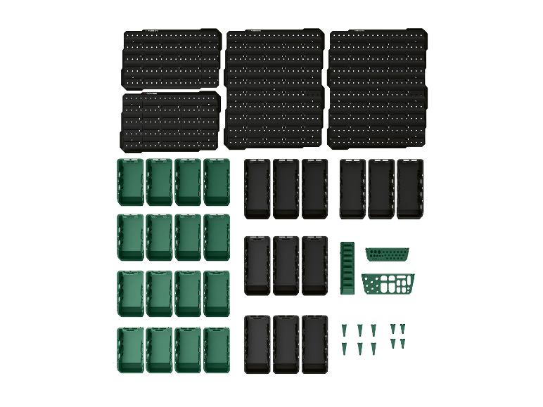 Parkside organizer set met zwarte en groene opbergbakken en gereedschapshouders.