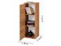 Armoire couleur bois avec porte ouverte, étagères avec livres, vêtements et vase noir, avec mesures.