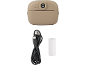 Beige draagbare printer met USB-kabel en een rol papier.