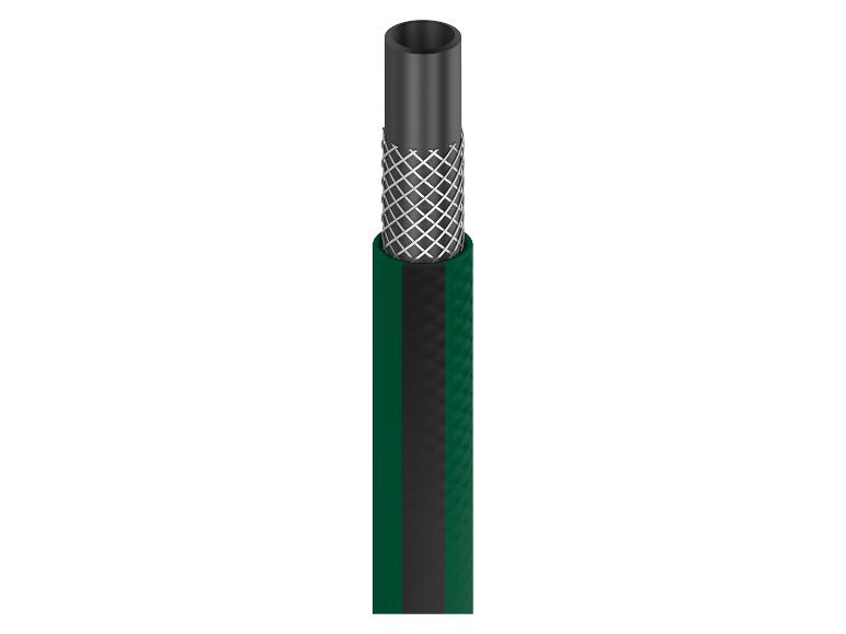 Tuyau d'arrosage vert avec renfort en maille visible.