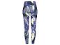 Een paar blauwe leggings met een abstract patroon.