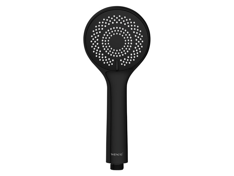 Une pomme de douche noire de la marque WENKO avec une douchette ronde.