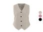 Dames linnen gilet met knopen in beige, roze en zwart.