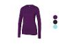 T-shirt d'entraînement violet à manches longues avec logo Crivit et échantillons de couleurs.