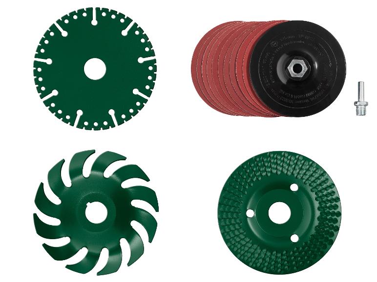 Lames de scie et disques abrasifs, y compris une brosse métallique.