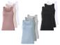 Dames tanktops in diverse kleuren: roze, beige, wit, blauw, groen, grijs en zwart.