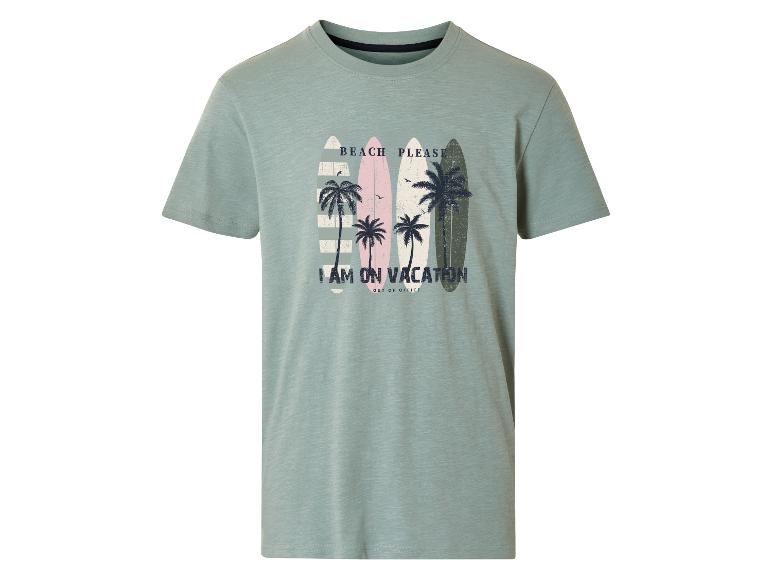 T-shirt vert d'eau avec imprimé surf et palmiers, style estival.