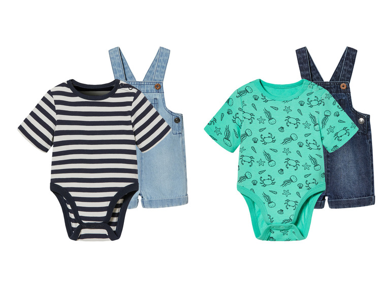 Deux bodies bébé, un à rayures, un à motifs marins et un short en jean.