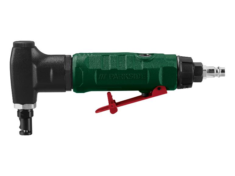 Un burin pneumatique Parkside vert avec un interrupteur rouge.