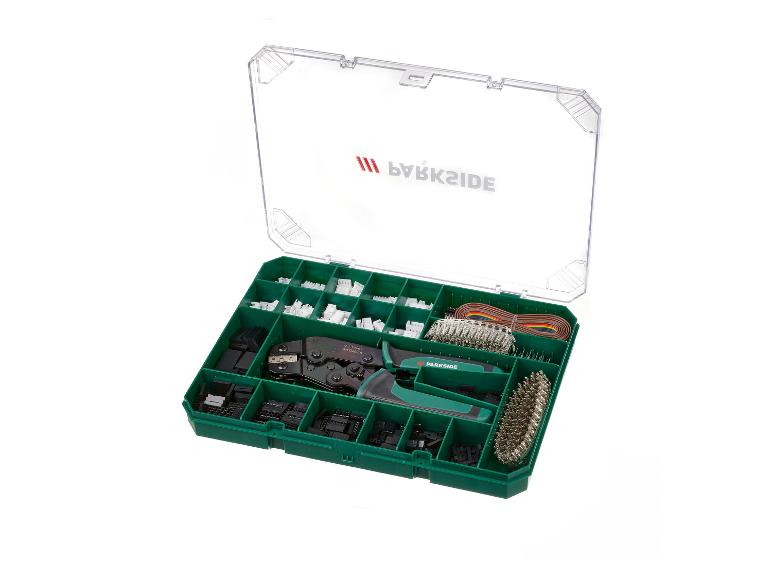 Ensemble d'outils Parkside pour sertir des connecteurs, avec différents contacts et câbles.