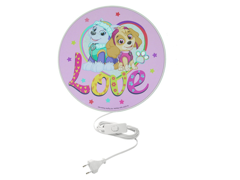 Veilleuse Paw Patrol avec Skye et Everest en rose avec des cœurs et l'inscription 'Love'.