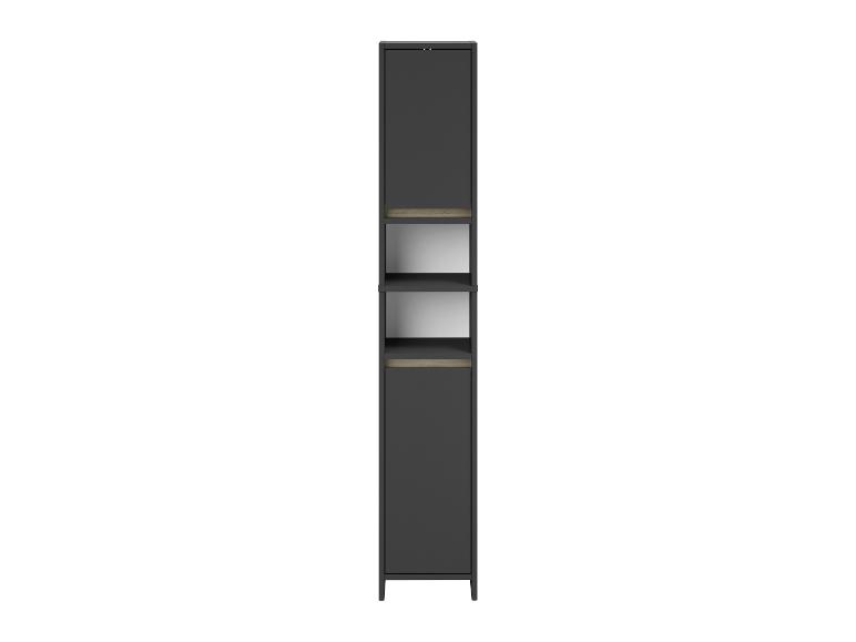 Donkergrijze smalle hoge kast met open en gesloten planken, met lichte houtdetails.