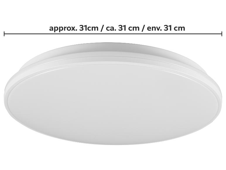 Plafonnier LED rond blanc d'environ 31 cm de diamètre.