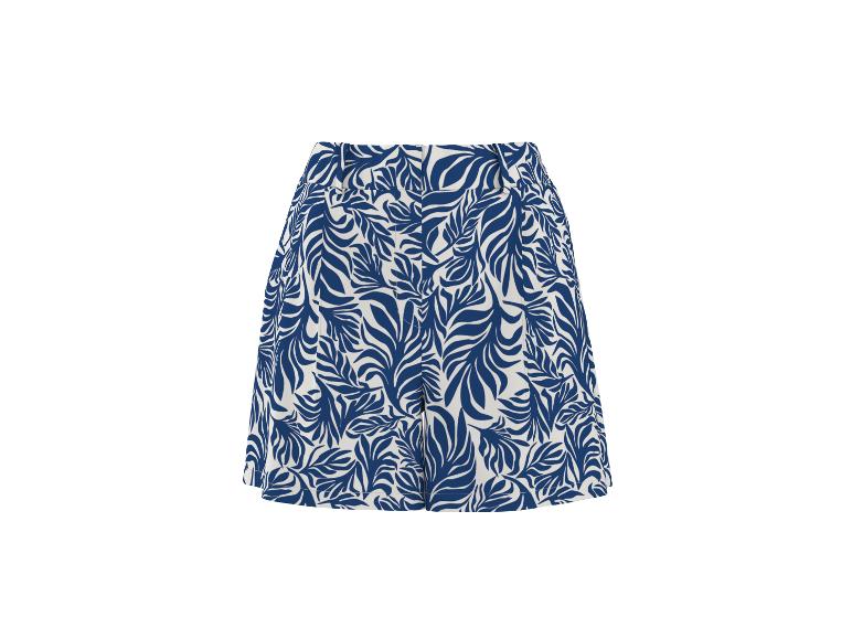 Dames shorts met blauw-wit bladpatroon.