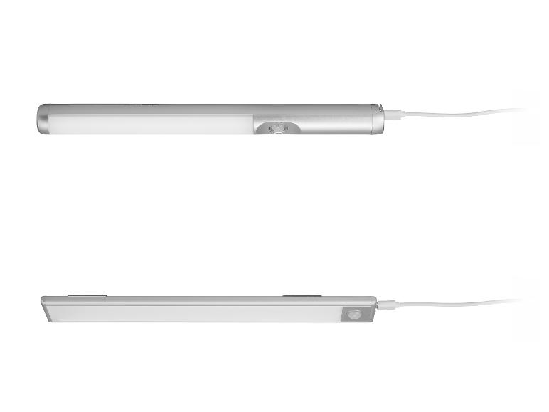 Twee zilveren LED-lichtbalken met bewegingssensor en oplaadkabel.