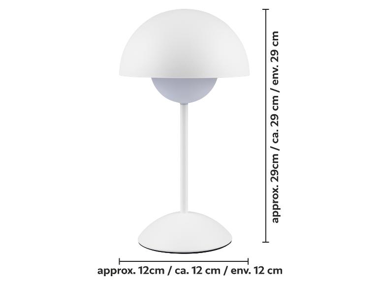 Witte tafellamp met koepelvormige kap, toont afmetingen van 29 cm hoogte en 12 cm basis.