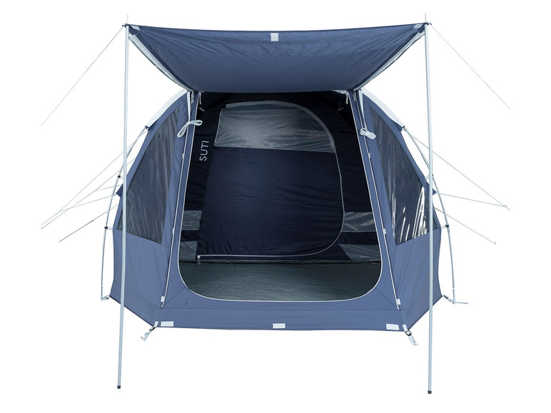 Een blauwe tent met een luifel, geschikt voor kamperen.